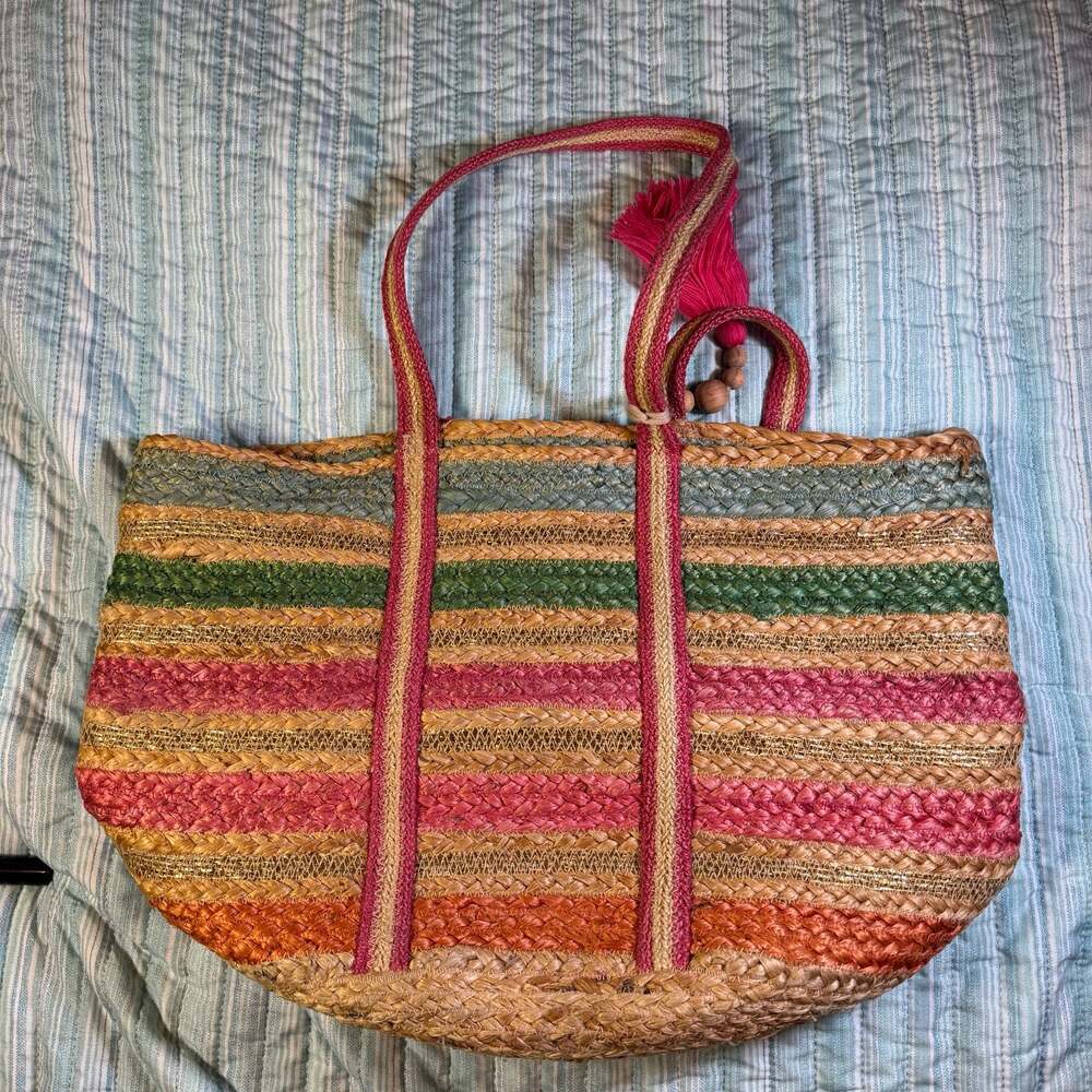 Shiraleah Chicago Braided Jute Fantasia Multi-Striped Weekend Tote Bag